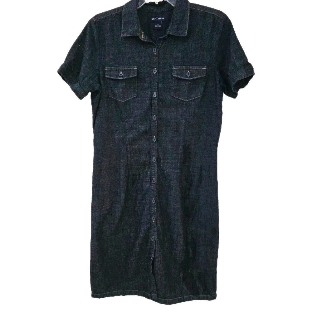 VTG 90s Ann Taylor Denim Shirt Dress 10 Dark Wash 100% Cotton Utility Midi